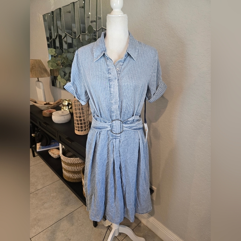 given kale Women's Belt Striped Denim Midi Shirt Dress M